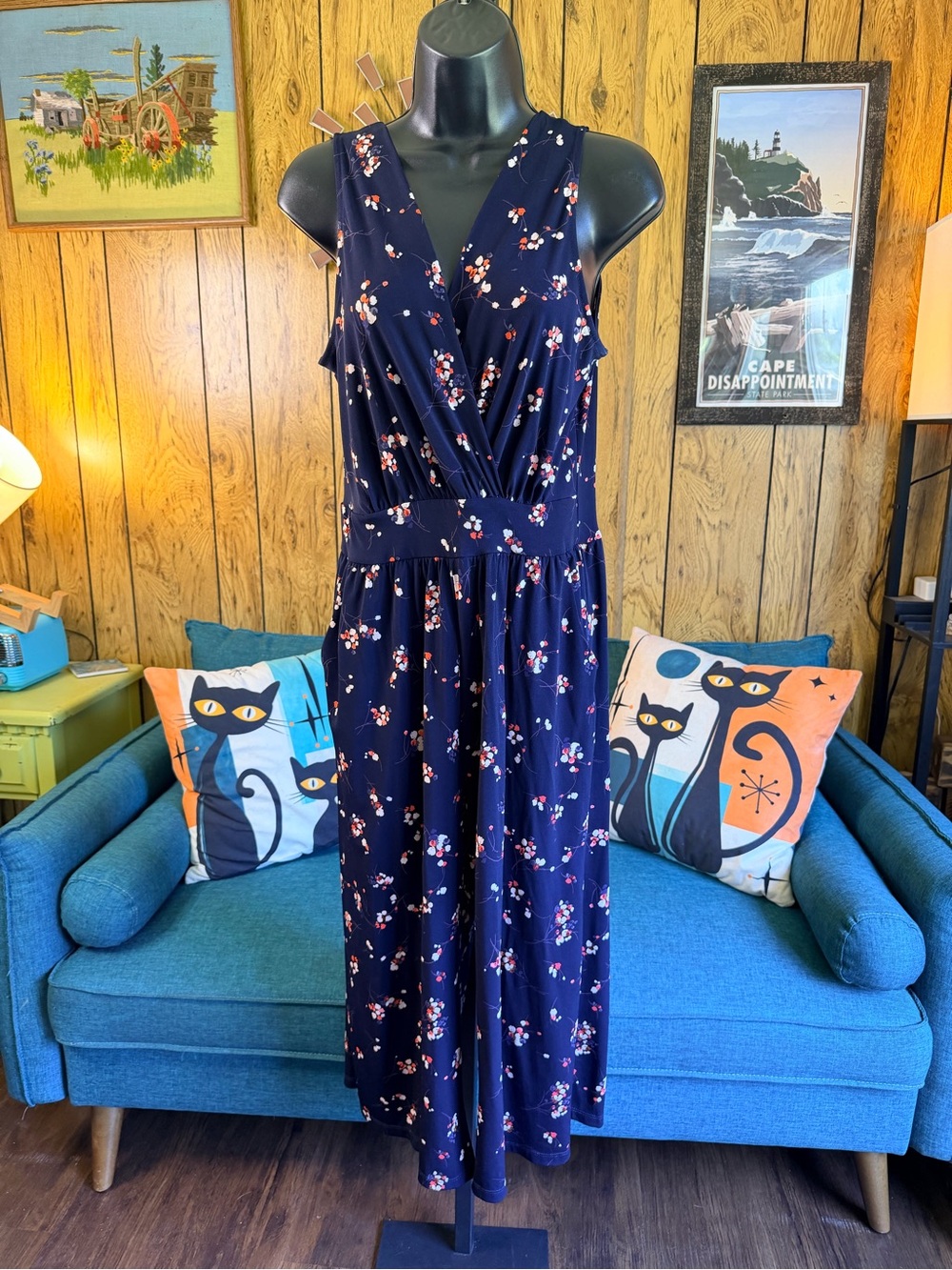 Muse Navy Floral Sleeveless V-neck Jumpsuit